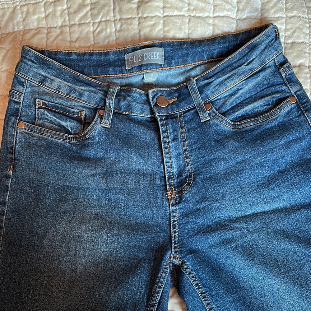 Falls Creek Blue Cuffed Skinny Jeans with Cute Bronze Square Metal Design